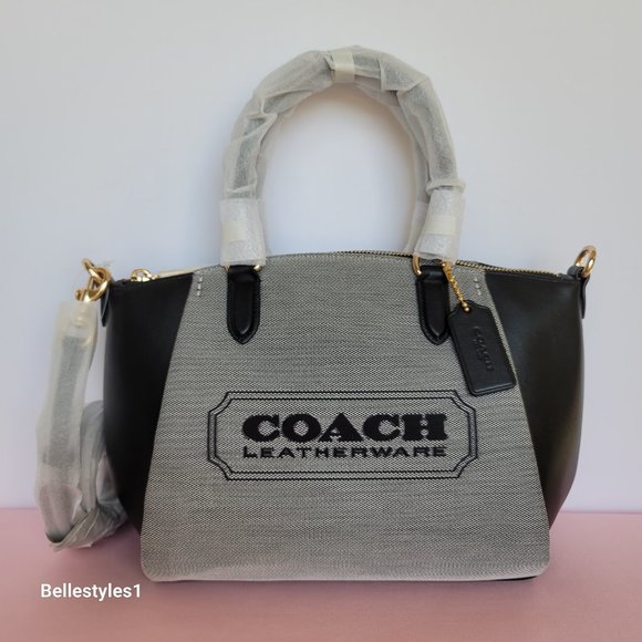 COACH Elise Badge Satchel In Jacquard & Refined Leather- Salt Black color ⭐ - Picture 5 of 16